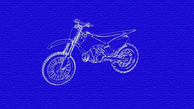 Blueprint of motorcycle rotating .  White line art against blue background paper texture. Looping 3d animation , rendering