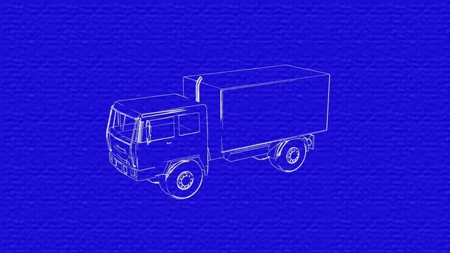 Blueprint of  Rotating van, vehicle , truck . White line art  against blue background . Looping 3d animation , rendering. Loopable.