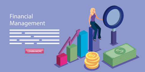 financial management with woman and icons vector illustration design