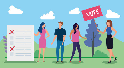Obraz premium business woman and placard protest with vote lettering vector illustration design