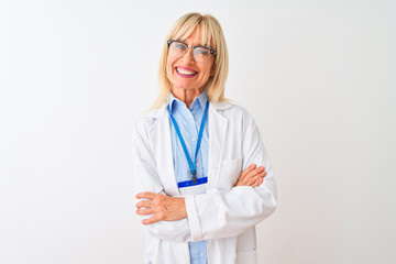 Middle age scientist woman wearing glasses and id card over isolated white background happy face...