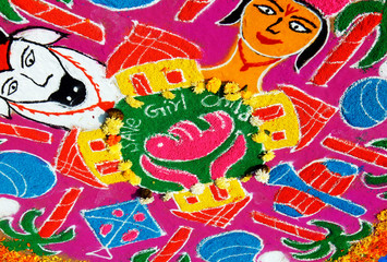  View of Rangoli drawn on floor during Indian Hindu festival Pongal or makar Sankranti, usually in front of home or temple      