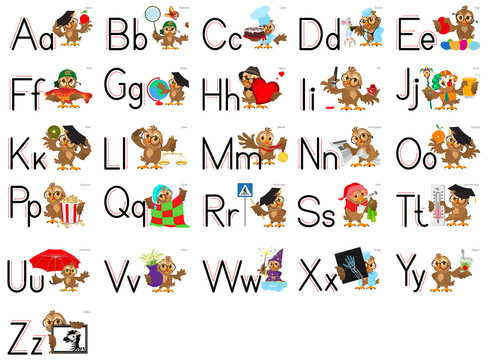 English alphabet abc letter set. Owl teacher learn grammar