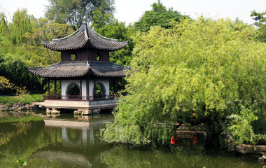 Garden view in wealthy family in China, planting flowers and trees and gazebo with pond landscape