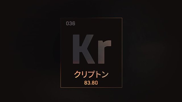 Krypton as Element 36 of the Periodic Table. Seamlessly looping 3D animation on grey illuminated atom design background orbiting electrons name, atomic weight element number in Japanese language