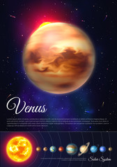 Venus planet colorful poster with solar system. Galaxy discovery and exploration. Realistic planetary system in deep space vector illustration. Astronomy and astrophysics science vertical flyer. © Sunflower