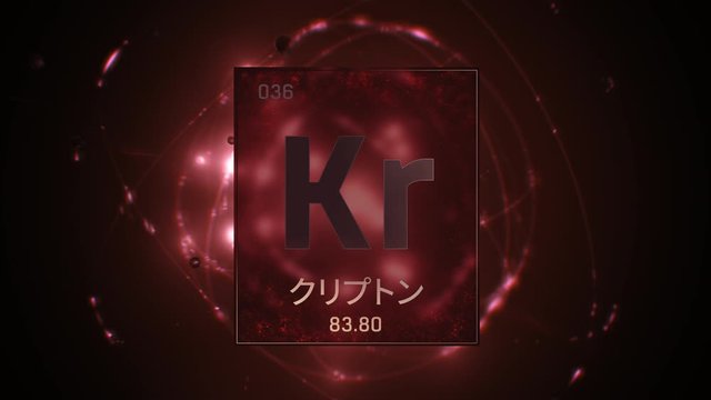 Krypton as Element 36 of the Periodic Table. Seamlessly looping 3D animation on red illuminated atom design background orbiting electrons name, atomic weight element number in Japanese language