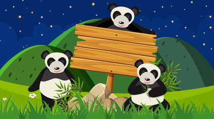 Wooden sign and pandas in the park