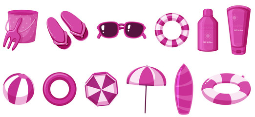 Isolated summer items in pink color