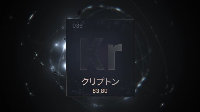 Krypton as Element 36 of the Periodic Table. Seamlessly looping 3D animation on silver illuminated atom design background orbiting electrons name, atomic weight element number in Japanese language