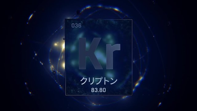 Krypton as Element 36 of the Periodic Table. Seamlessly looping 3D animation on blue illuminated atom design background orbiting electrons name, atomic weight element number in Japanese language