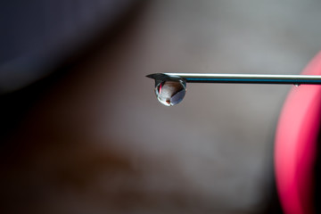 close up of water droplets at the tip of the needle