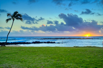 Sunset over the coast of Kauai, Hawaii.