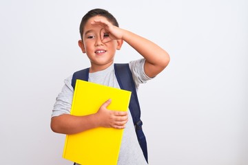 Beautiful student kid boy wearing backpack holding book over isolated white background with happy face smiling doing ok sign with hand on eye looking through fingers
