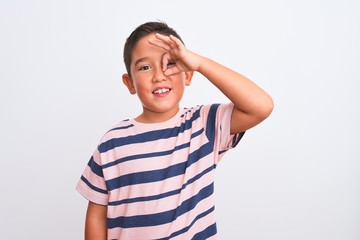 Beautiful kid boy wearing casual striped t-shirt standing over isolated white background doing ok gesture with hand smiling, eye looking through fingers with happy face.
