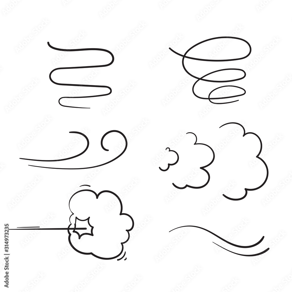 Wall mural hand drawn wind with black thin line icon doodle collection include of storm, wave, flowing and swir