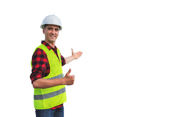 a civil engineer in a white hard hat on an isolated background, with a raised thumb.