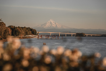 Mt Hood over the interstate 205 bridge and Columbia River