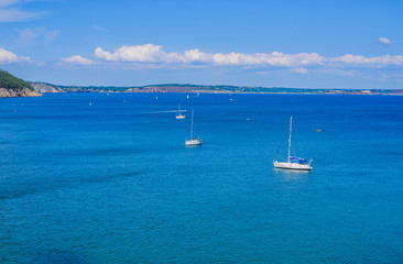 Incredible landscape with yachts near Virgin Island's Beach. Crozon Peninsula. Finister. Brittany. France