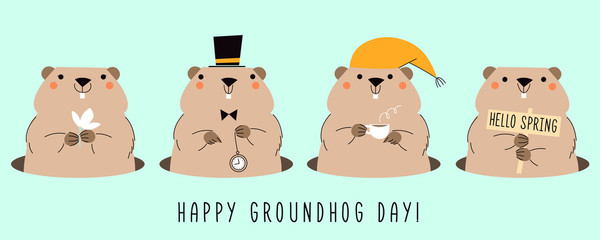  Happy Groundhog Day. Card with four cute groundhogs. Design for print greetings card, banner, poster. Vector illustrations.