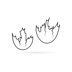 Outline cracked eggshell icon isolated on white. Kids hand drawing art line. An empty egg shell halves. Broken eggs cracked open easter eggshell. Sketch design. Sticker. Vector stock illustration