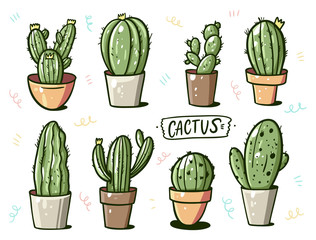 Different cactus in home flower pots. Cartoon style. Vector illustration.