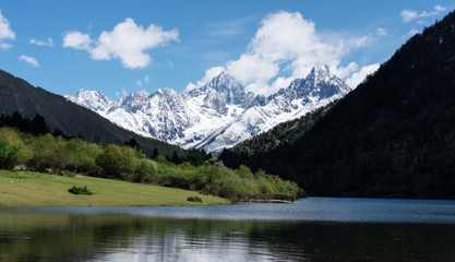 Fototapeta na wymiar Nature landscape, green valley with snow mountain and lake in summer