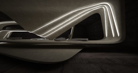 Abstract architectural concrete smooth interior of a minimalist house with swimming pool and neon lighting. 3D illustration and rendering.