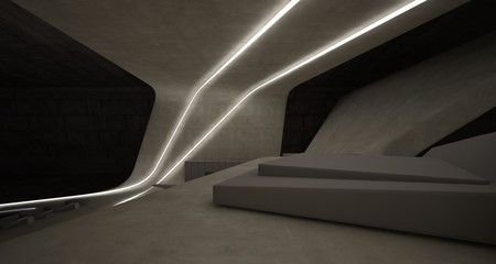 Abstract architectural concrete smooth interior of a minimalist house with swimming pool and neon lighting. 3D illustration and rendering.