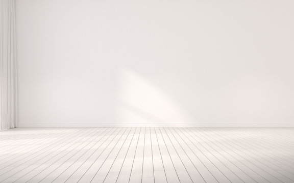 Mock-up of white empty room and wood laminate floor with sun light cast the shadow on the wall,Perspective of minimal inteior design. 3D rendering