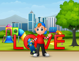 Cartoon a boy playing skateboard in the park