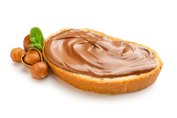 Fresh bread with chocolate paste on white background