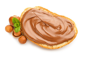 Fresh bread with chocolate paste on white background
