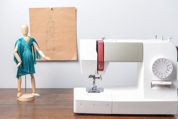 Sewing machine on wooden table