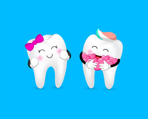 Cute cartoon tooth character with heart. Couple in love, Valentine's day concept. Illustration on blue background.