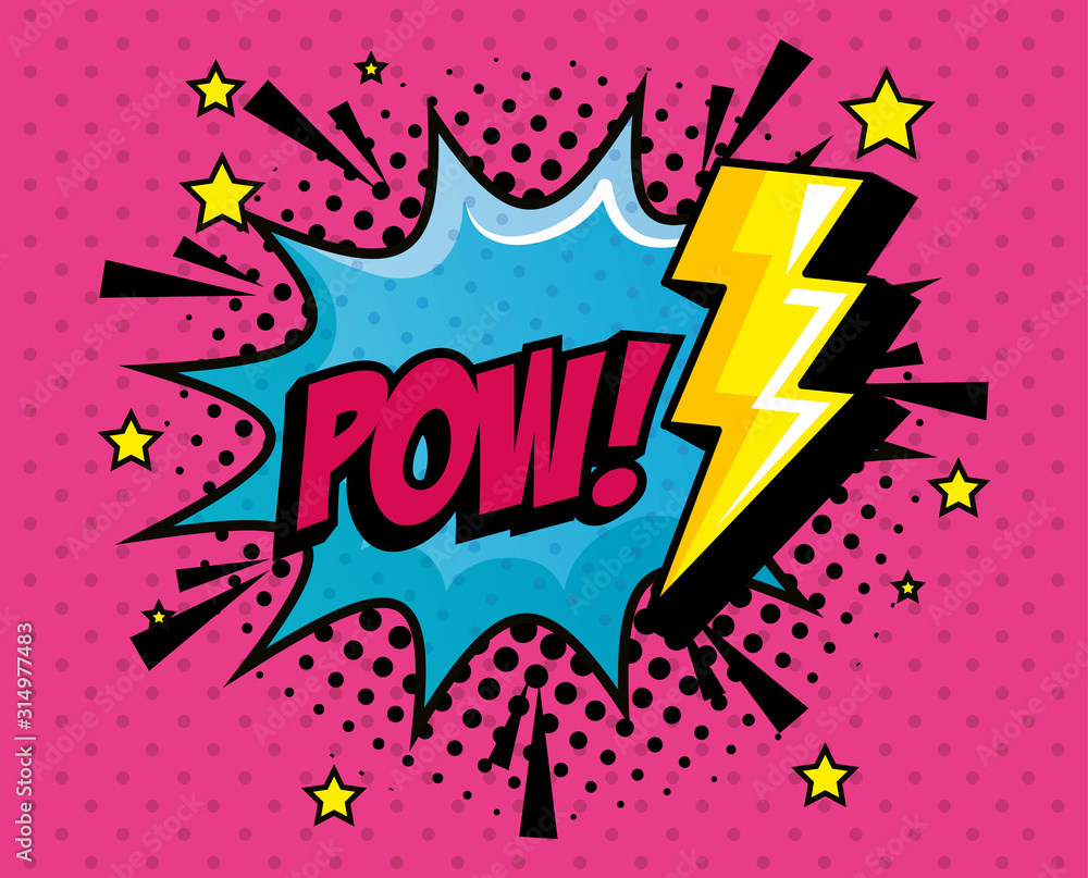 Poster pow expression with explosion and thunderbolt pop art style vector illustration design