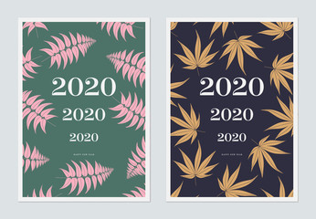 Set of new year greeting card template design, colorful leaves with 2020 happy new year lettering, vintage style