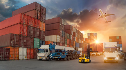 Logistics and transportation of Container Cargo ship and Cargo plane with working crane bridge in...