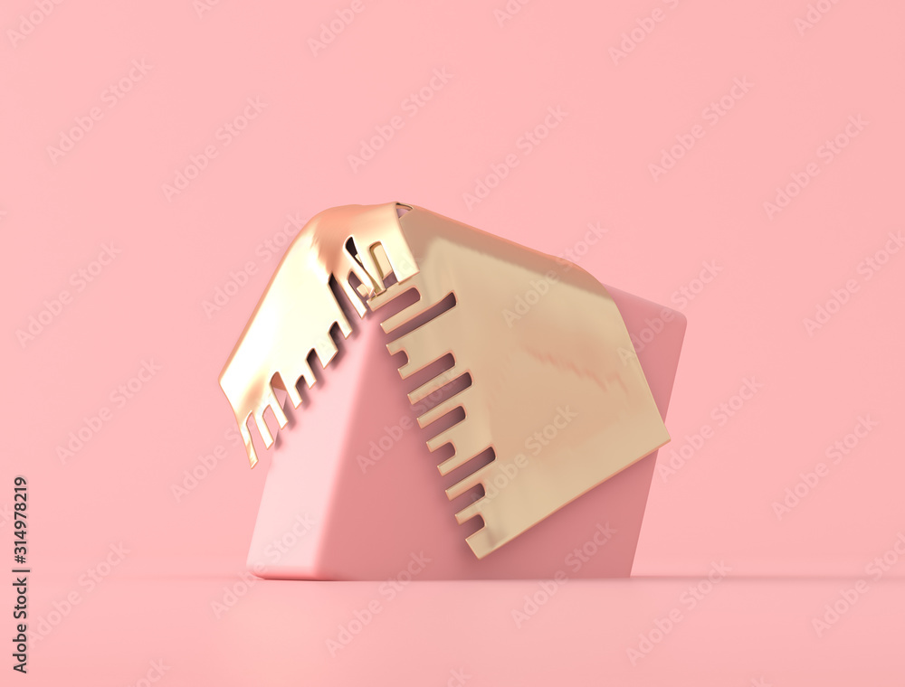 Poster abstract geometric shape covered with gold object on pink background, pastel colors,minimal style,3d