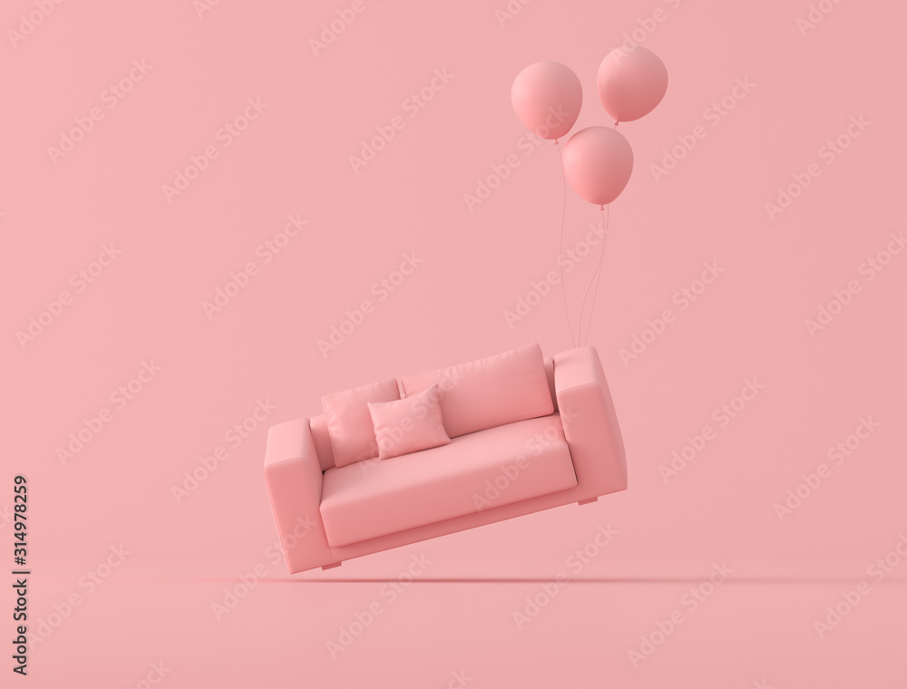 Poster Abstract conceptual idea of pink sofa is floating up by balloons on pink background, minimal style. 3D rendering