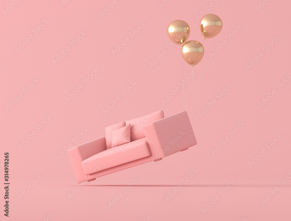 Poster abstract conceptual idea of pink sofa is floating up by gold balloons isolated on pink background, m