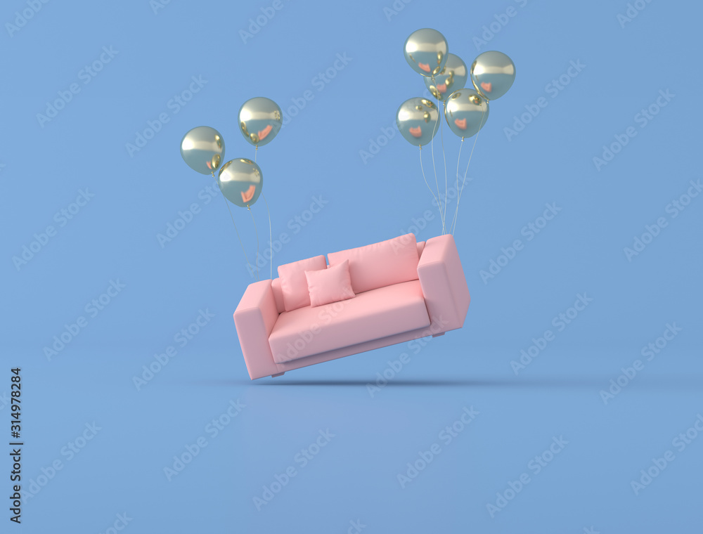 Aufkleber abstract conceptual idea of pink sofa is floating up by gold balloons on blue background, minimal st