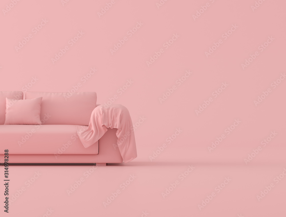 Poster Mock up of pink sofa and wrinkled sheet,minimal concept, 3D rendering.