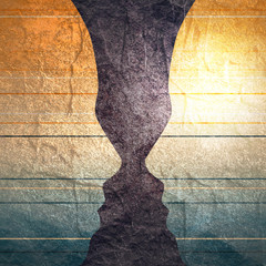 A vase or two face profile view. Optical illusion. Human head make silhouette of goblet. Gradient paint horizontal lines