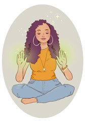 Women meditating with her hands out sitting cross legged 