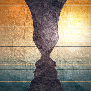 Fototapeta A vase or two face profile view. Optical illusion. Human head make silhouette of goblet. Gradient paint horizontal lines