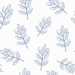 Seamless pattern of leaves of a mountain ash on a white background. Blue outline