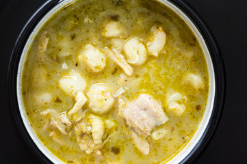 Green Pozole, traditional Mexican cuisine, hominy stew