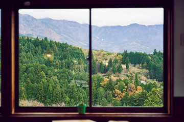 View Outside of Window on a Japanese Mountain Village