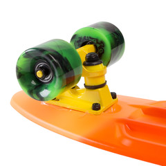 modern colorful skateboard - pennyboard isolated on white, wheels close up